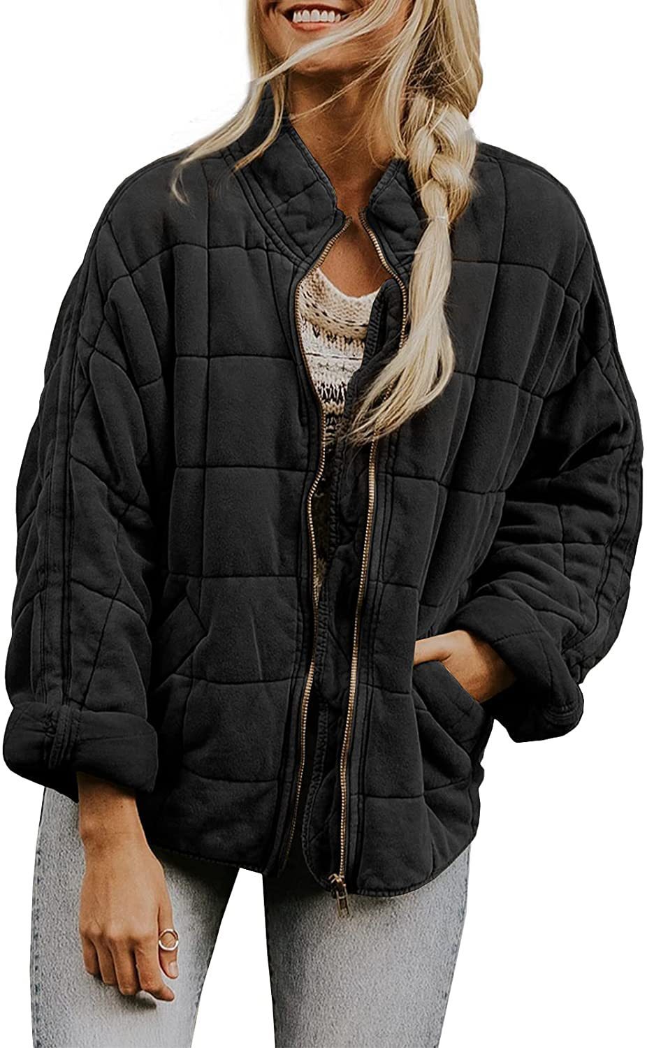 Women’s Winter Plaid Zip-Up Coat – Stand Collar Jacket with Pockets