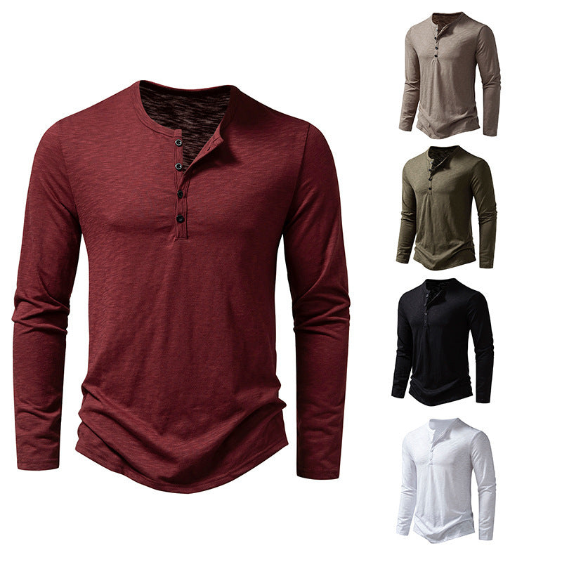 Men’s Casual Long-Sleeve T-Shirt – Solid Color Pullover Button Top