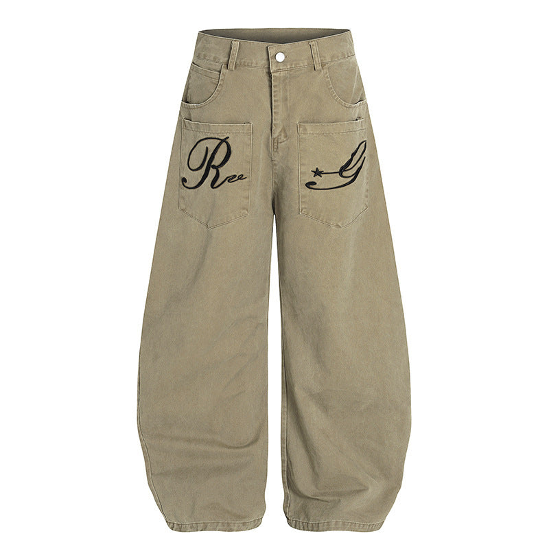 Women’s American Retro Embroidered Cargo Pants – Multi-Pocket.