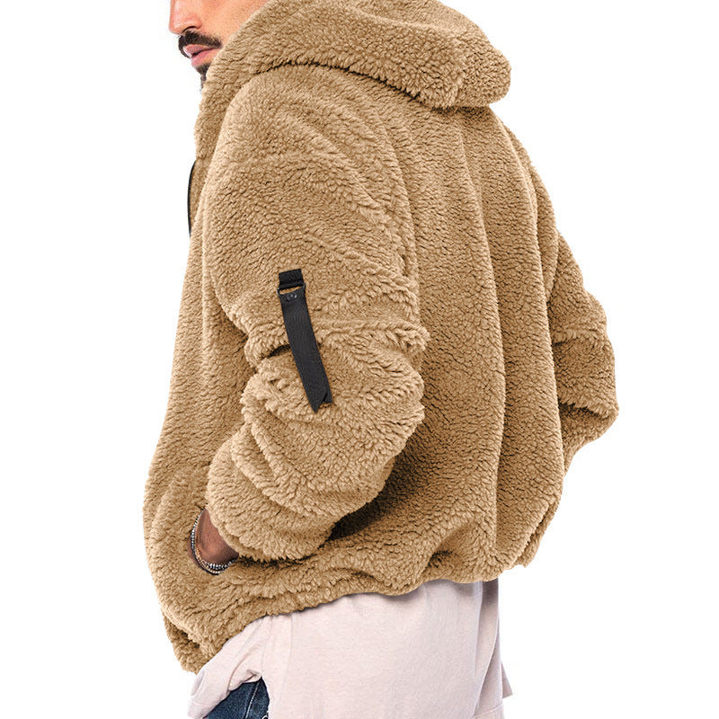 Men’s Plush Hooded Jacket – Warm Fleece Zipper Coat for Autumn & Winter