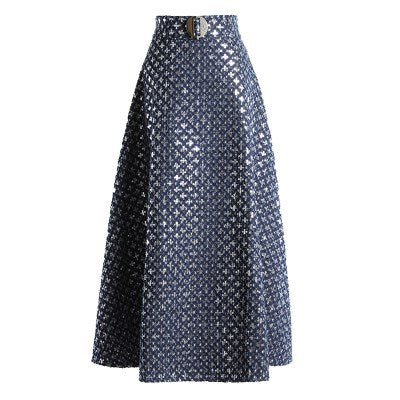 Women’s Retro High Waist Umbrella Skirt – Embroidered Sequin Mid-Length.