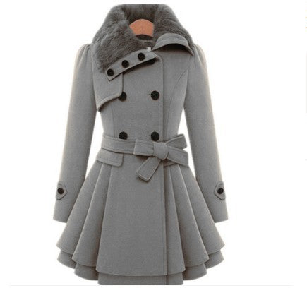 Women’s Woolen Mid-Length Coat – Belted Double-Breasted Winter Jacket