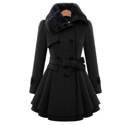 Women’s Woolen Mid-Length Coat – Belted Double-Breasted Winter Jacket