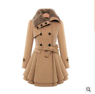 Women’s Woolen Mid-Length Coat – Belted Double-Breasted Winter Jacket