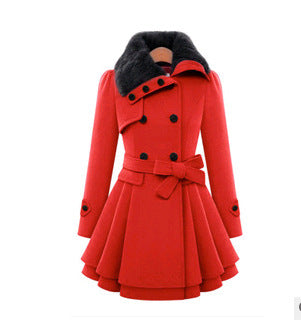 Women’s Woolen Mid-Length Coat – Belted Double-Breasted Winter Jacket