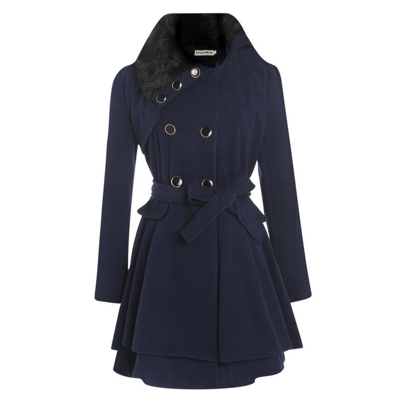 Women’s Woolen Mid-Length Coat – Belted Double-Breasted Winter Jacket