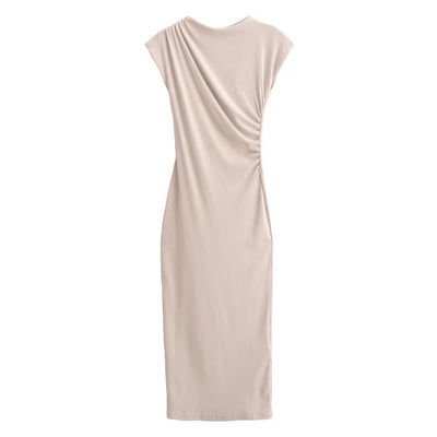 Women’s Round Neck Short Sleeve Pleated Dress – Spring & Summer.
