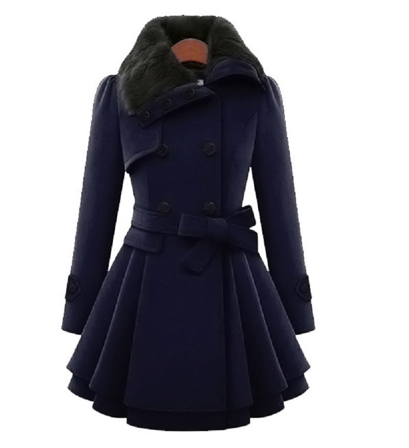 Women’s Woolen Mid-Length Coat – Belted Double-Breasted Winter Jacket