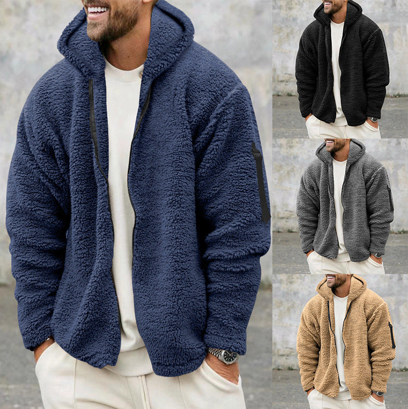 Men’s Plush Hooded Jacket – Warm Fleece Zipper Coat for Autumn & Winter