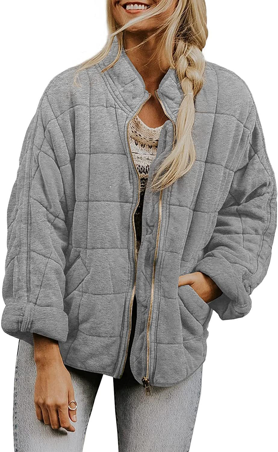 Women’s Winter Plaid Zip-Up Coat – Stand Collar Jacket with Pockets