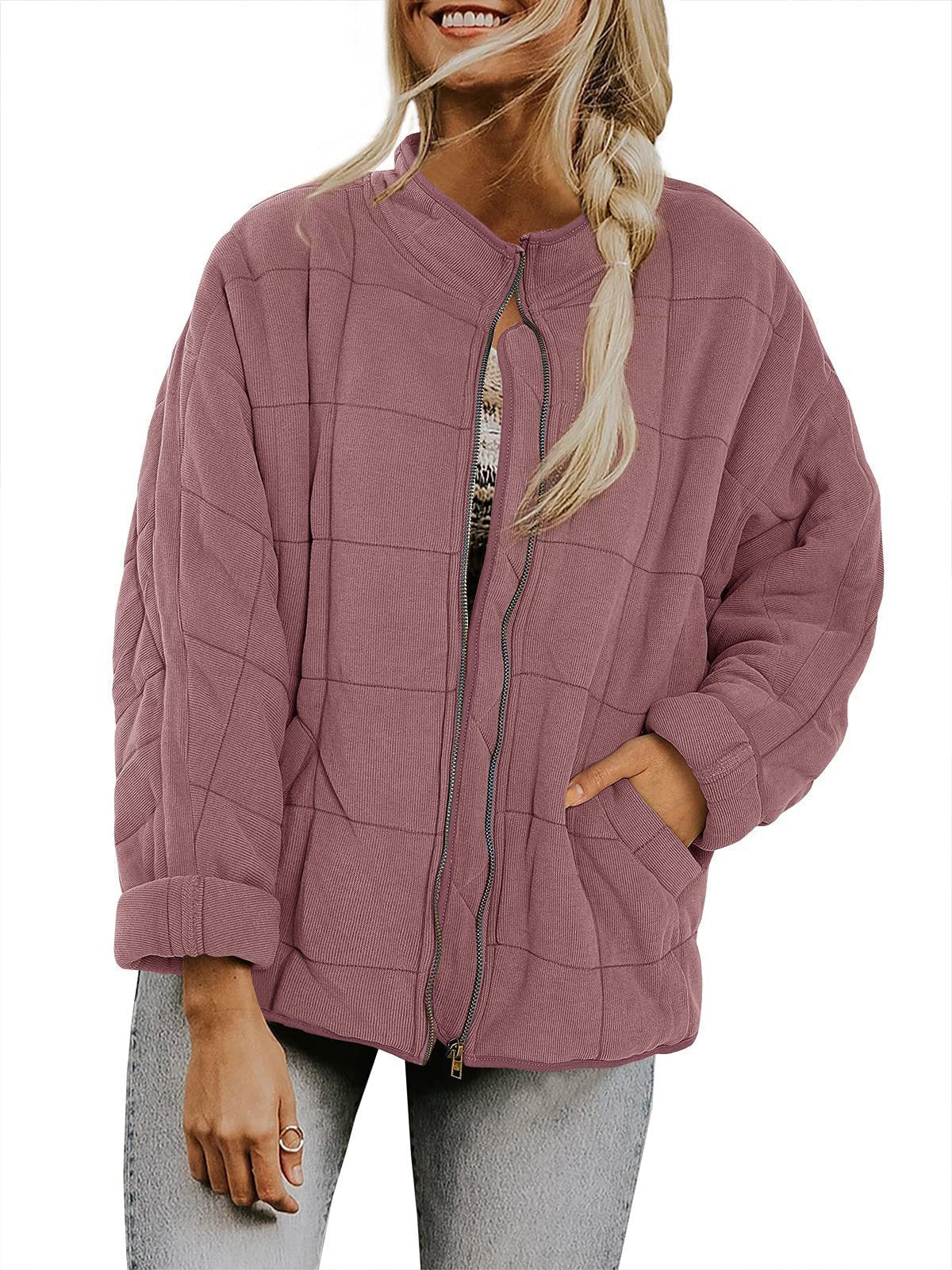 Women’s Winter Plaid Zip-Up Coat – Stand Collar Jacket with Pockets