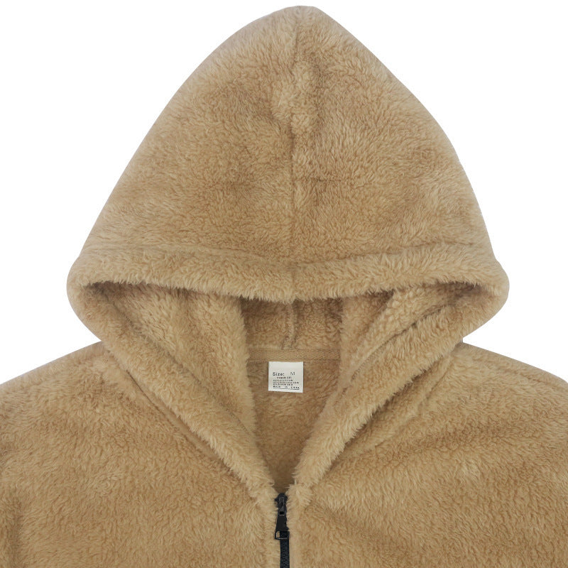 Men’s Plush Hooded Jacket – Warm Fleece Zipper Coat for Autumn & Winter