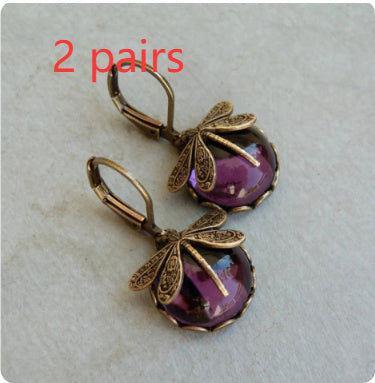 Vintage Dragonfly Earrings – Gold Metal Carving with Moonstone Drop for Women