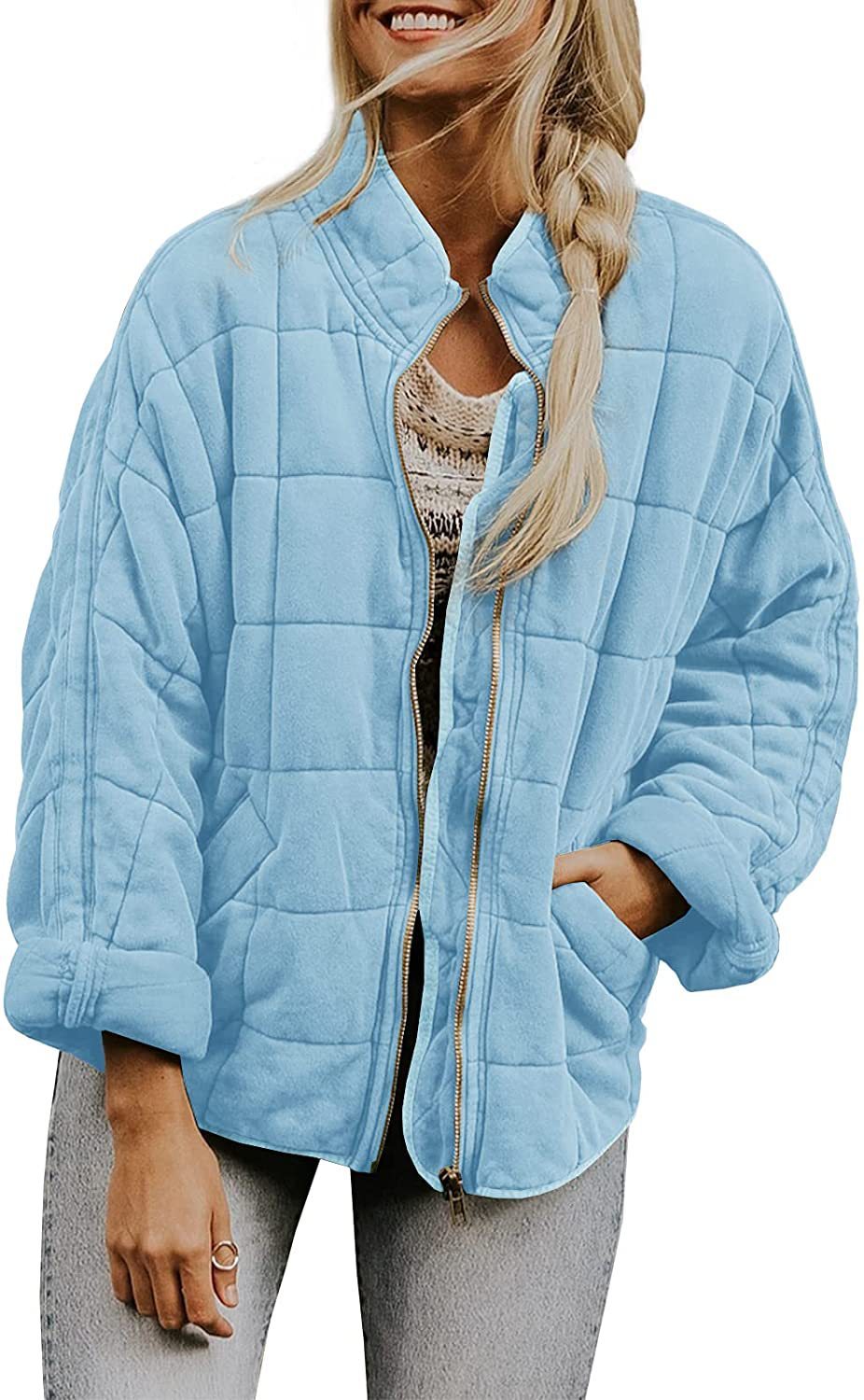 Women’s Winter Plaid Zip-Up Coat – Stand Collar Jacket with Pockets