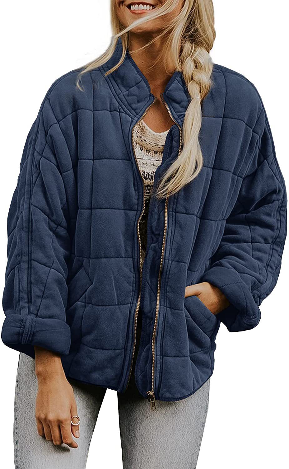 Women’s Winter Plaid Zip-Up Coat – Stand Collar Jacket with Pockets