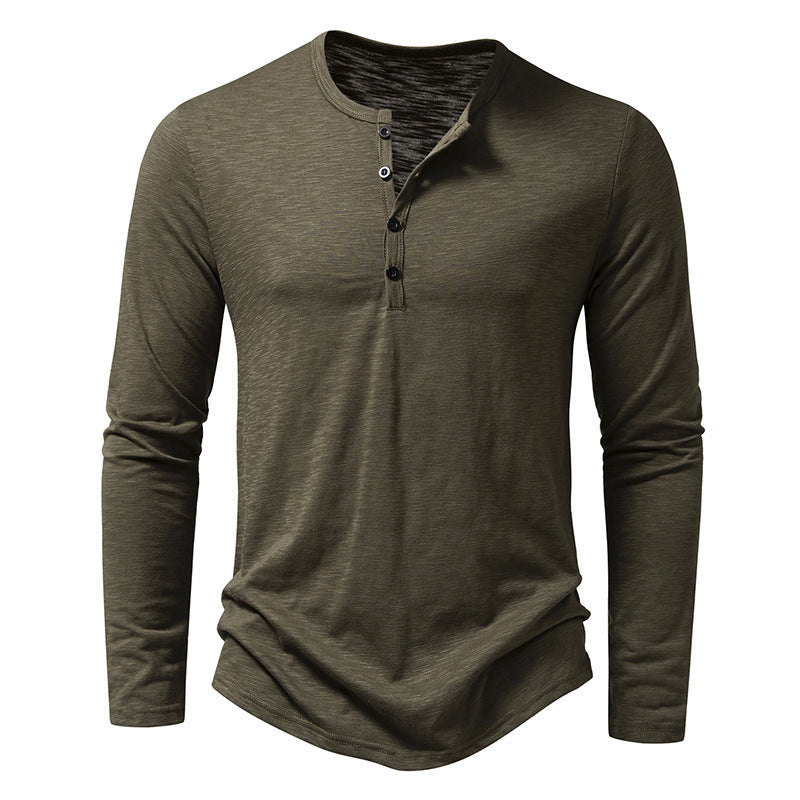 Men’s Casual Long-Sleeve T-Shirt – Solid Color Pullover Button Top