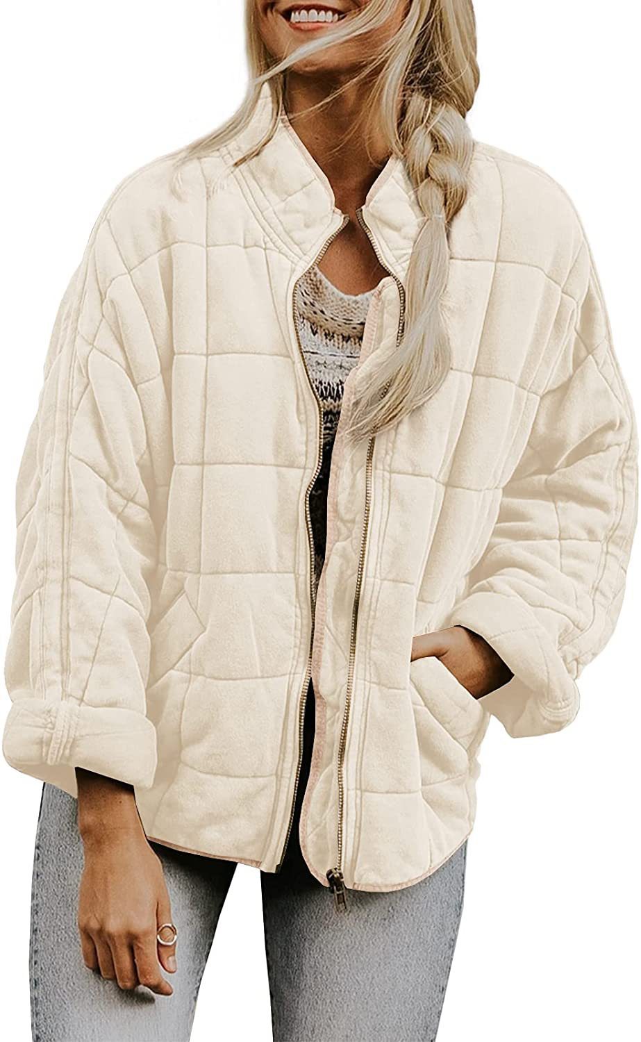 Women’s Winter Plaid Zip-Up Coat – Stand Collar Jacket with Pockets