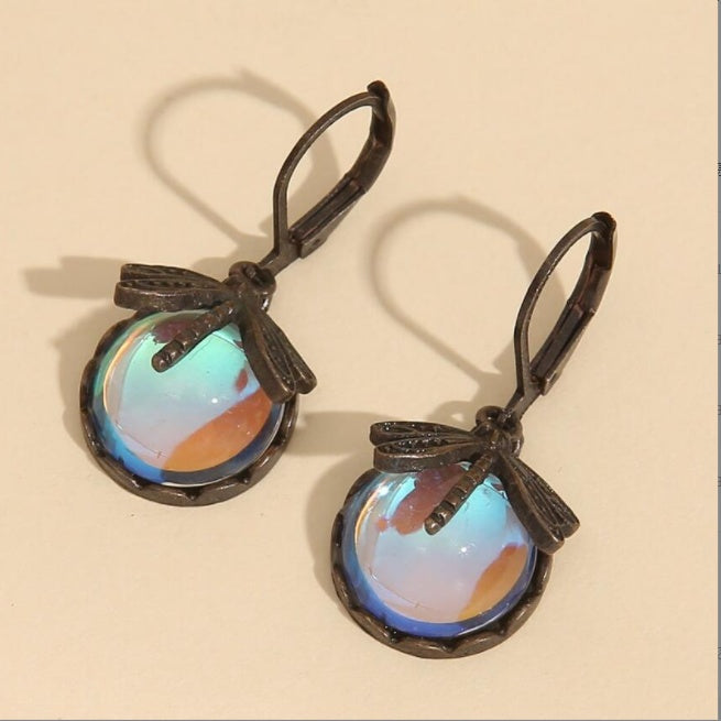 Vintage Dragonfly Earrings – Gold Metal Carving with Moonstone Drop for Women