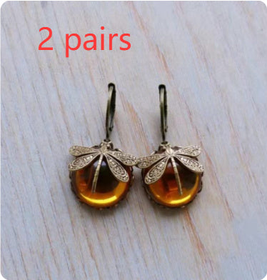 Vintage Dragonfly Earrings – Gold Metal Carving with Moonstone Drop for Women