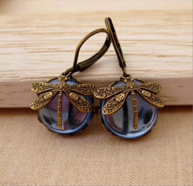 Vintage Dragonfly Earrings – Gold Metal Carving with Moonstone Drop for Women