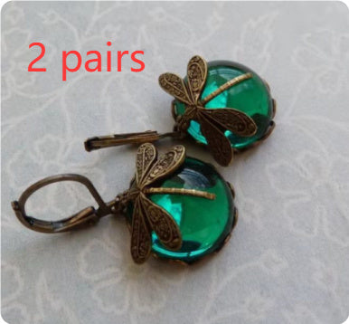 Vintage Dragonfly Earrings – Gold Metal Carving with Moonstone Drop for Women