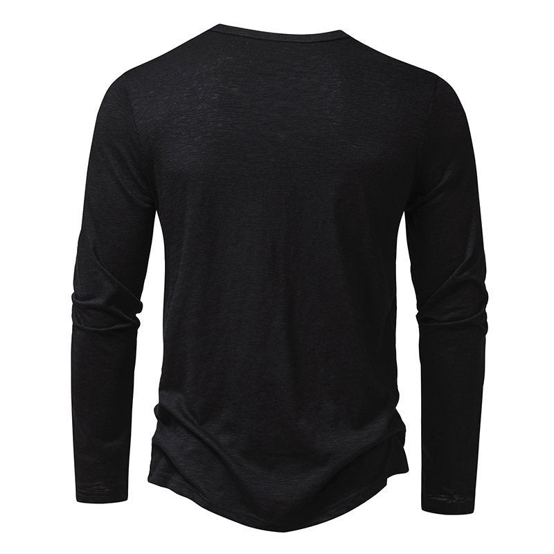 Men’s Casual Long-Sleeve T-Shirt – Solid Color Pullover Button Top