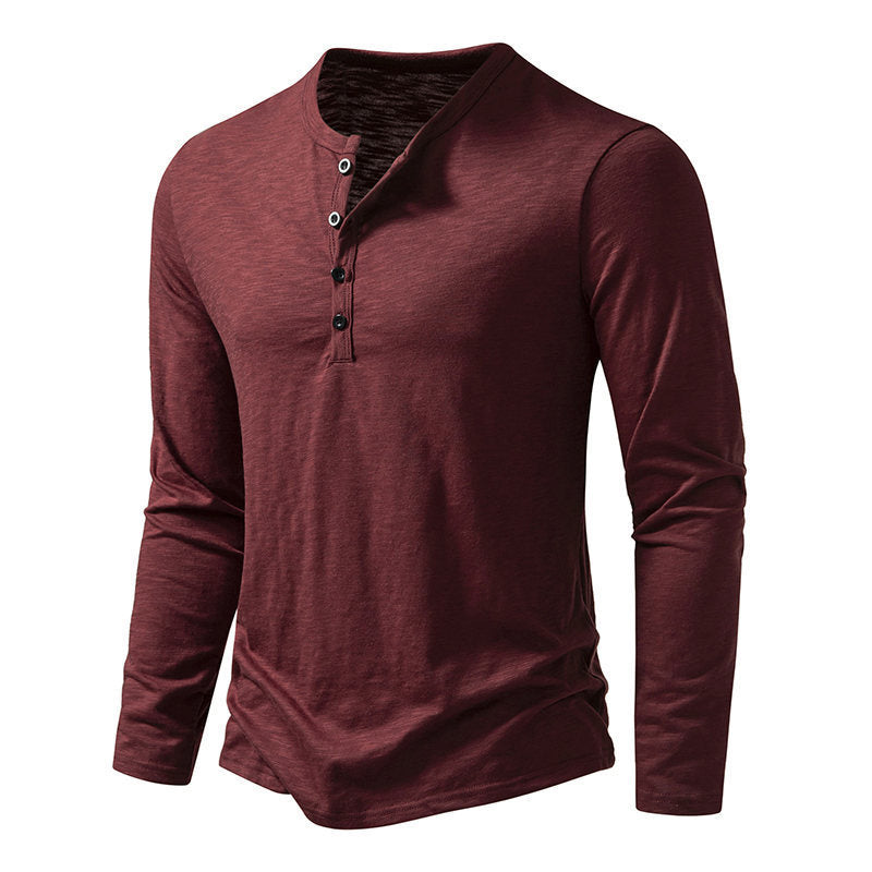 Men’s Casual Long-Sleeve T-Shirt – Solid Color Pullover Button Top