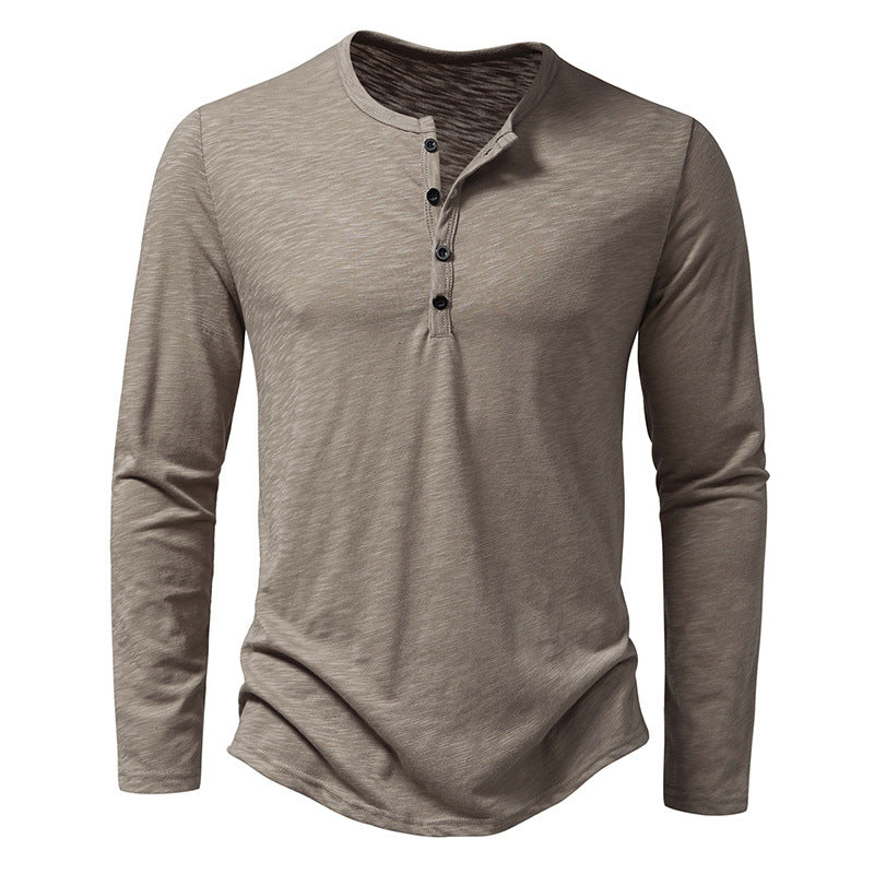 Men’s Casual Long-Sleeve T-Shirt – Solid Color Pullover Button Top