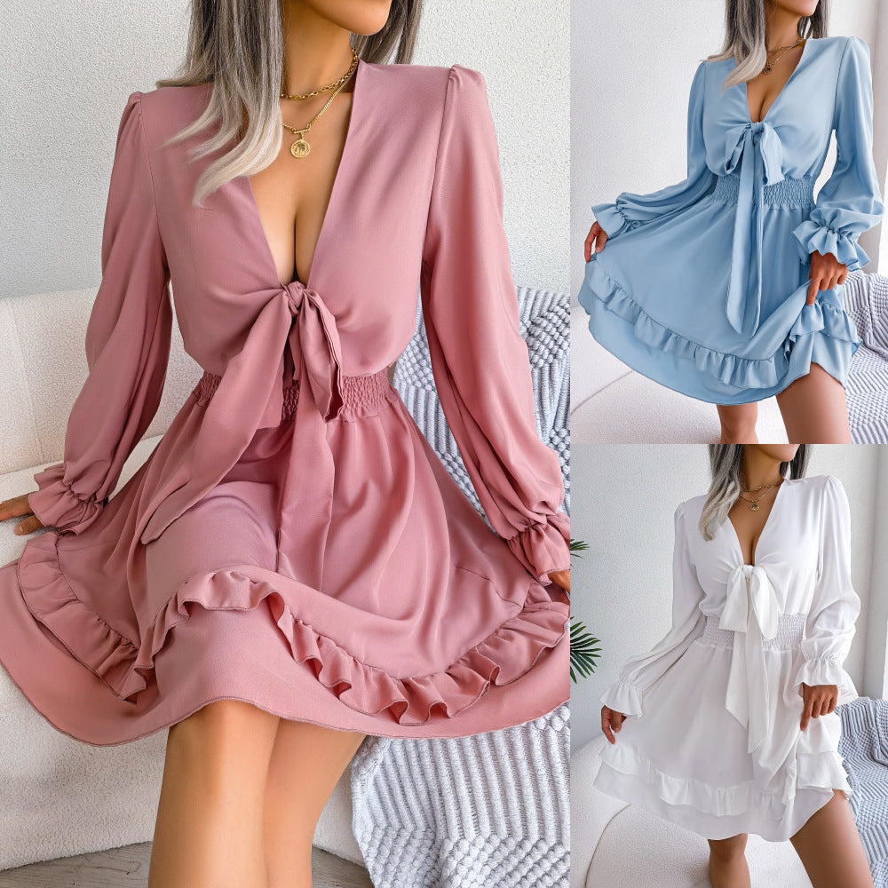 Women’s Summer V-Neck A-Line Dress – Long Sleeve Beach Outfit
