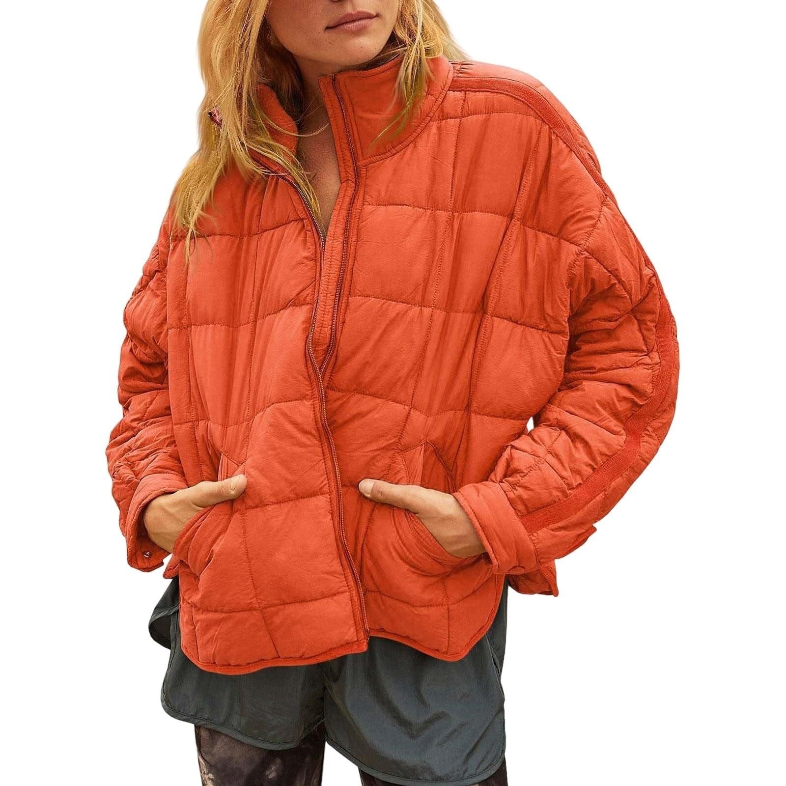 Women’s Winter Plaid Zip-Up Coat – Stand Collar Jacket with Pockets