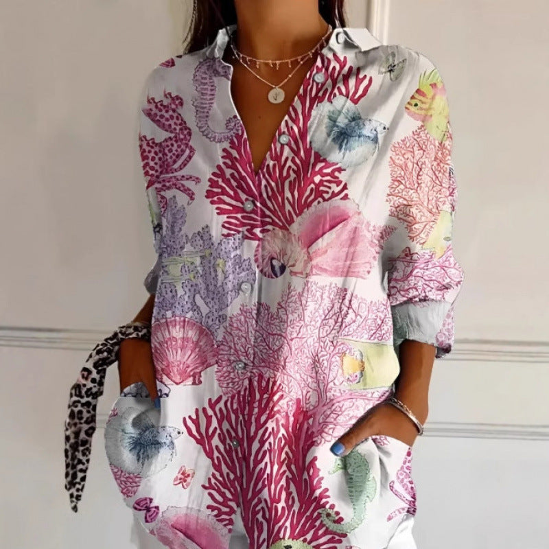 Floral Print Long-Sleeved Shirt – Women’s Casual Button Top