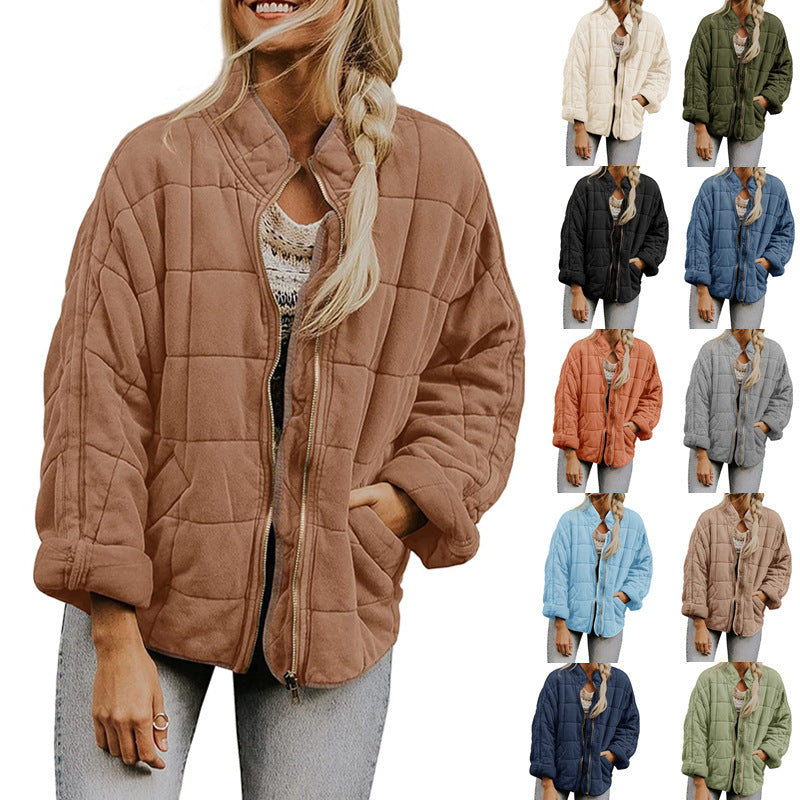 Women’s Winter Plaid Zip-Up Coat – Stand Collar Jacket with Pockets