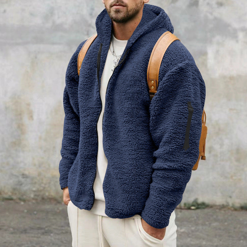 Men’s Plush Hooded Jacket – Warm Fleece Zipper Coat for Autumn & Winter