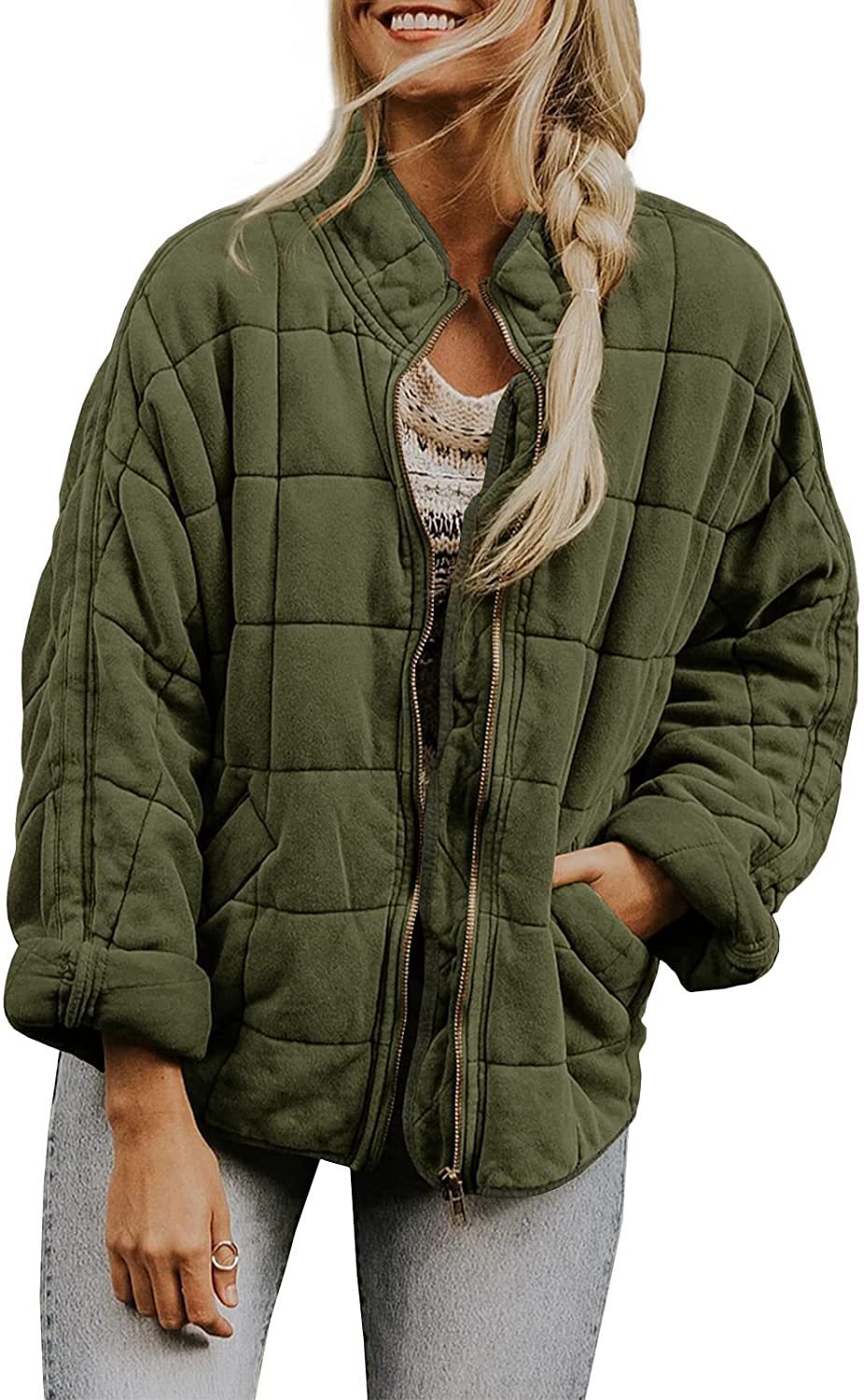 Women’s Winter Plaid Zip-Up Coat – Stand Collar Jacket with Pockets
