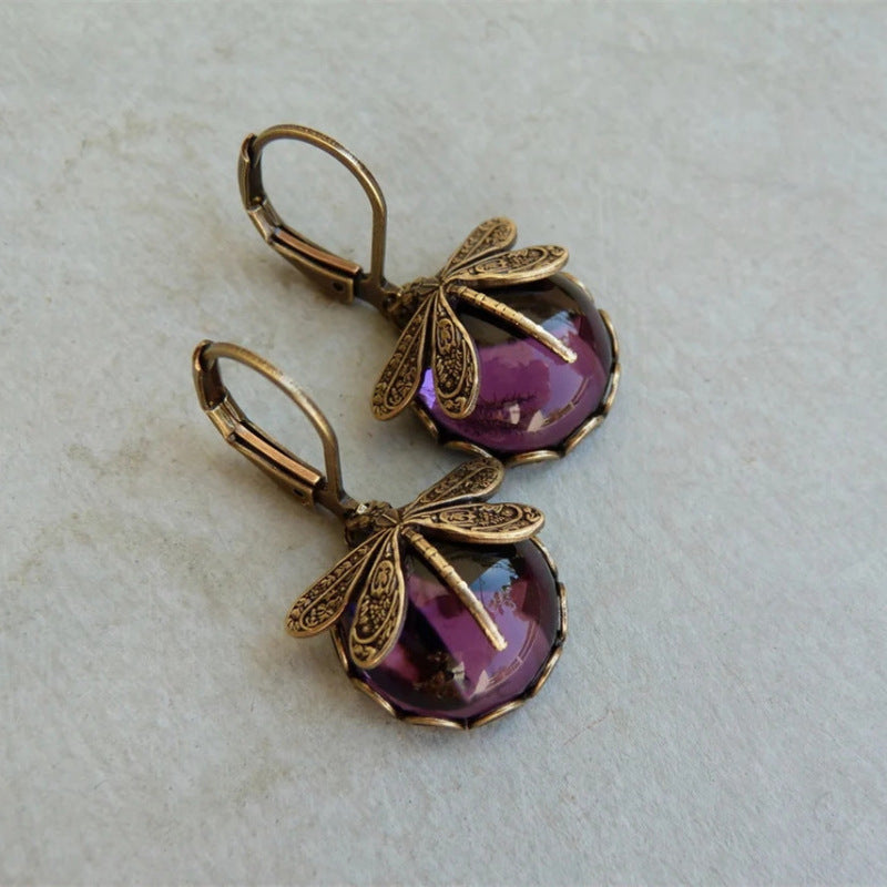 Vintage Dragonfly Earrings – Gold Metal Carving with Moonstone Drop for Women