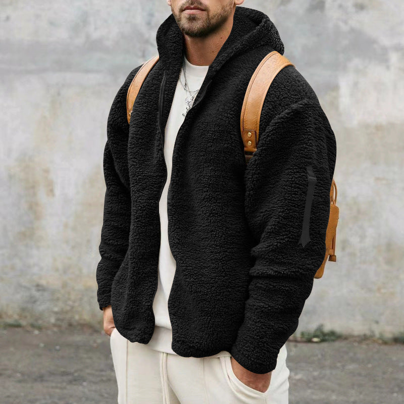 Men’s Plush Hooded Jacket – Warm Fleece Zipper Coat for Autumn & Winter