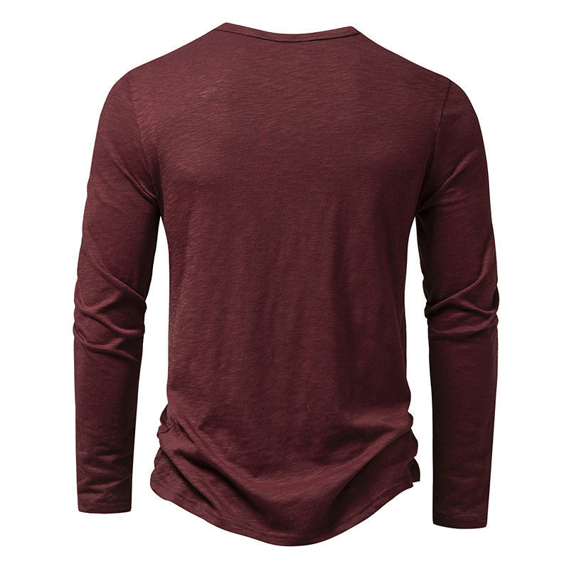 Men’s Casual Long-Sleeve T-Shirt – Solid Color Pullover Button Top