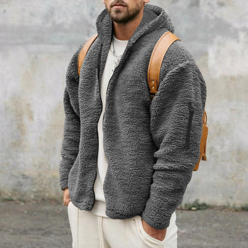 Men’s Plush Hooded Jacket – Warm Fleece Zipper Coat for Autumn & Winter