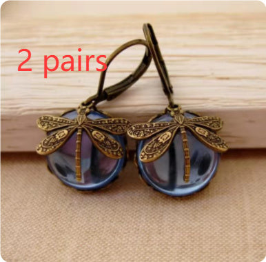 Vintage Dragonfly Earrings – Gold Metal Carving with Moonstone Drop for Women