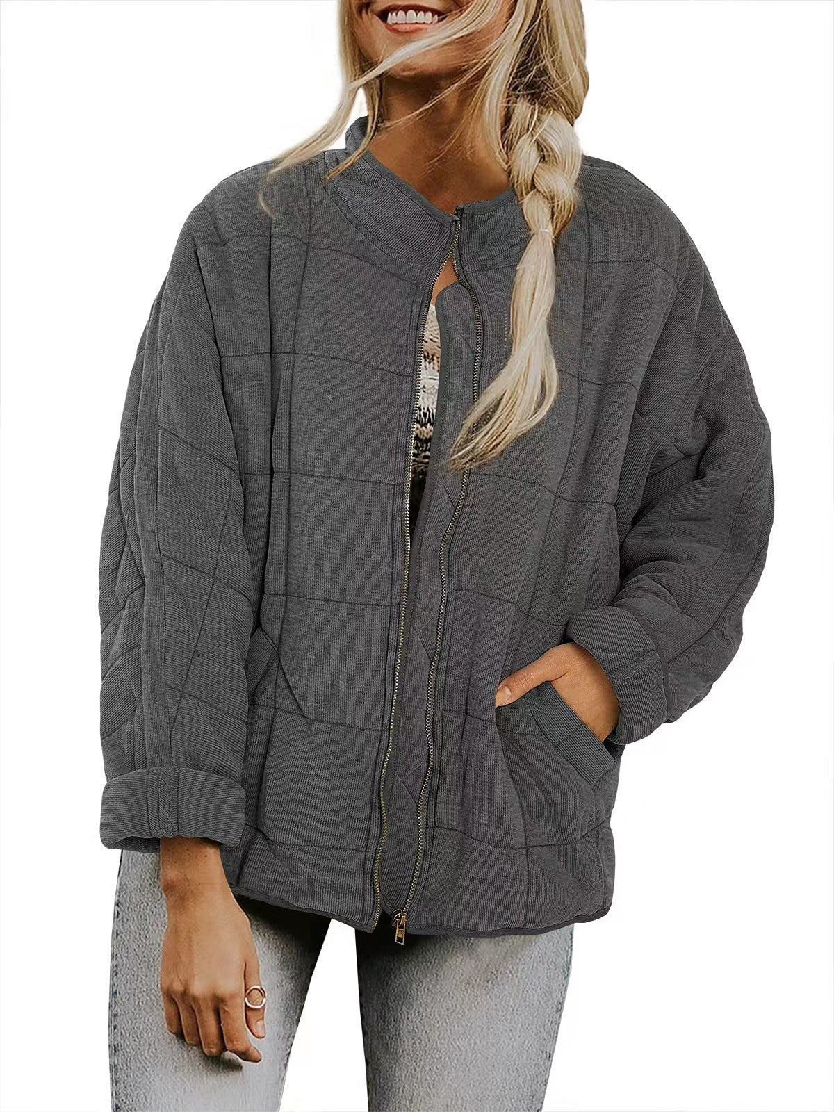 Women’s Winter Plaid Zip-Up Coat – Stand Collar Jacket with Pockets