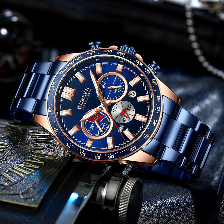 Men’s Waterproof Quartz Watch – Steel Band with Calendar