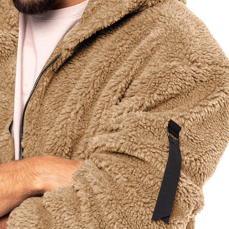 Men’s Plush Hooded Jacket – Warm Fleece Zipper Coat for Autumn & Winter