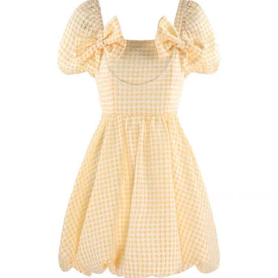 Women’s Yellow Plaid Dress with Sleeve Bud – Cute & Trendy.