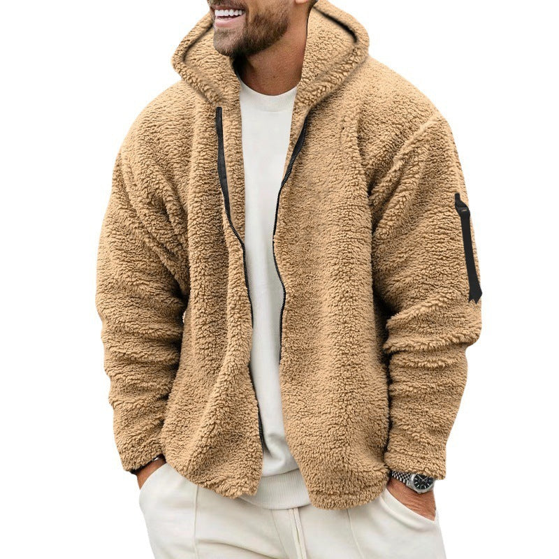 Men’s Plush Hooded Jacket – Warm Fleece Zipper Coat for Autumn & Winter