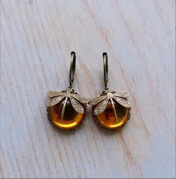 Vintage Dragonfly Earrings – Gold Metal Carving with Moonstone Drop for Women