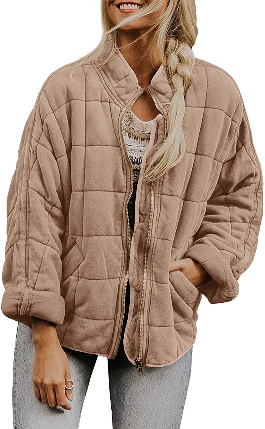 Women’s Winter Plaid Zip-Up Coat – Stand Collar Jacket with Pockets