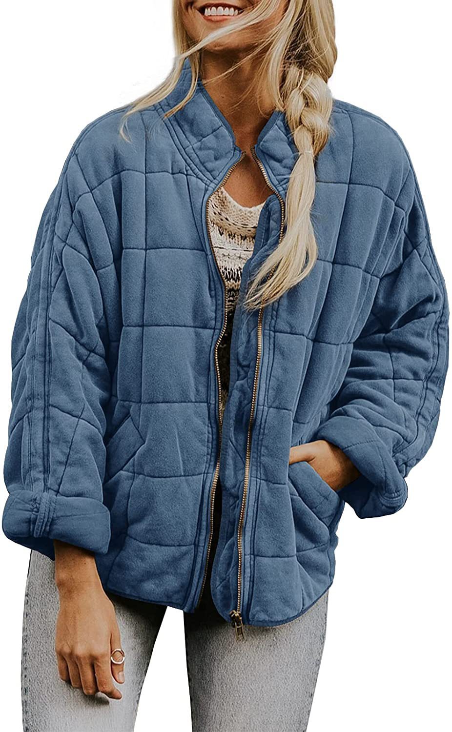 Women’s Winter Plaid Zip-Up Coat – Stand Collar Jacket with Pockets