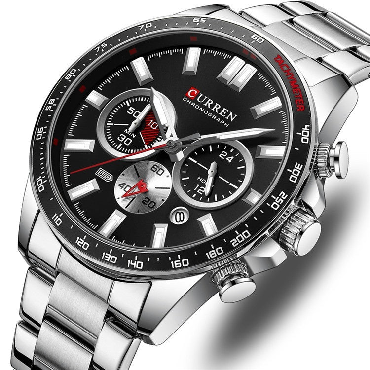 Men’s Waterproof Quartz Watch – Steel Band with Calendar