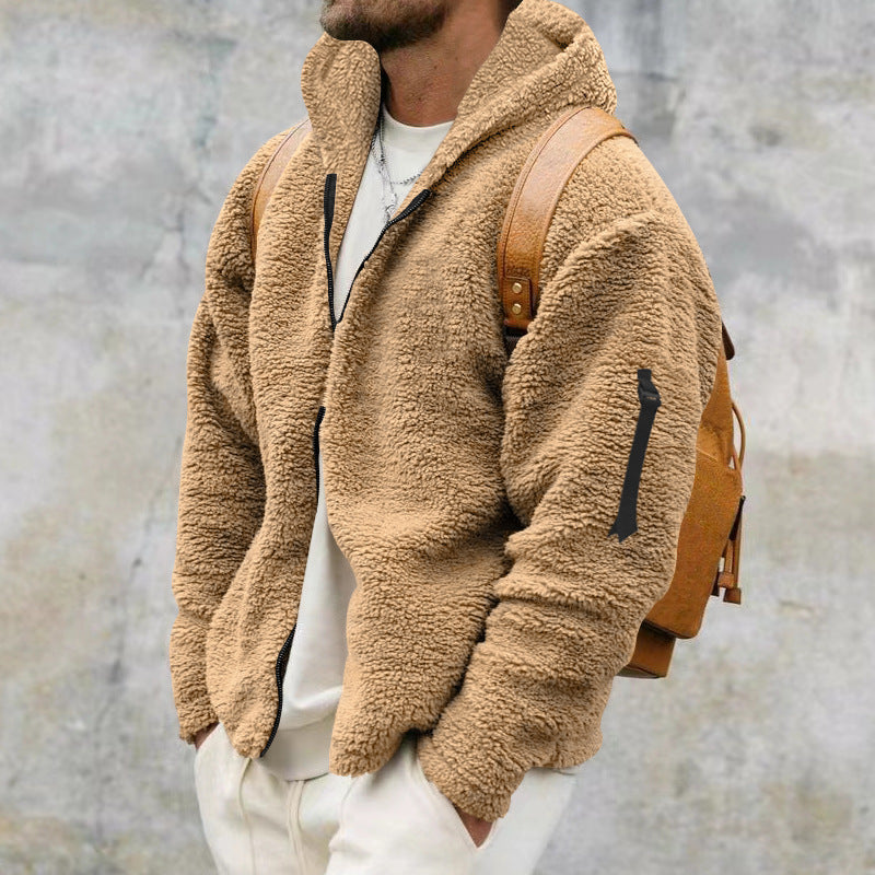 Men’s Plush Hooded Jacket – Warm Fleece Zipper Coat for Autumn & Winter