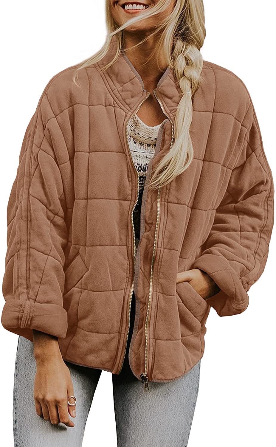Women’s Winter Plaid Zip-Up Coat – Stand Collar Jacket with Pockets